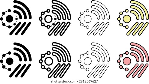 A collection of stylized graphic icons featuring wireless connection symbols combined with circular node networks in various color styles