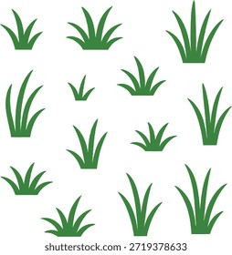 Una colección de grumos de hierba verde estilizada de diferentes tamaños se dispersan sobre un fondo blanco liso.