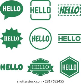 Collection of stylized green 'HELLO' text graphics in diverse shapes and outline styles perfect for greeting or introductory business use.