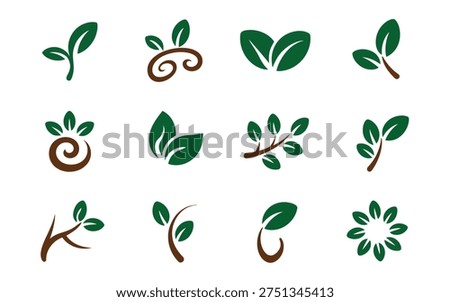 Collection of stylized green leaf and branch with brown accents white plant nature