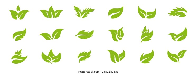 collection of stylized green leaf icons ideal for eco-friendly branding.