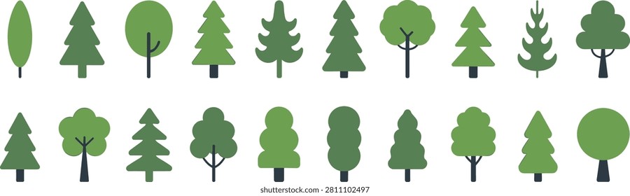 Collection of stylized green tree icons with varied canopy shapes, trunk thickness, and foliage density, isolated vector illustrations representing nature, environment, and landscape themes
