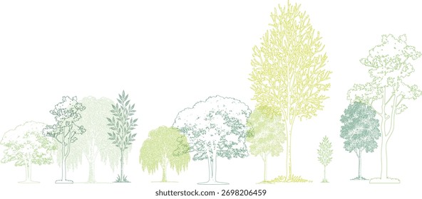 Collection of stylized green trees and foliage in various sizes and shapes with detailed outlines and textured fills on a white background
