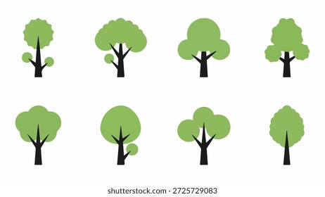 Coleção de árvores verdes estilizadas com troncos pretos simples isolados no fundo branco, Vetor, ilustração