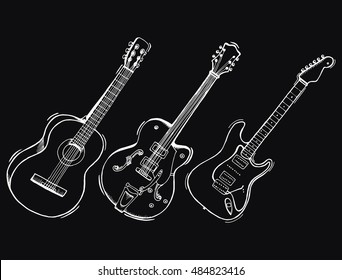 Collection of stylized guitar. Set of musical instruments. Electric guitar. Line art. Drawing by hand. Graphic arts. Doodle. Tattoo. Clipart.