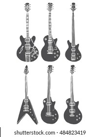 Collection of stylized guitar. Set of musical instruments. Electric guitar. Line art. Drawing by hand. Graphic arts. Doodle. Tattoo. Clipart.