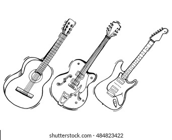 Coleção de guitarra estilizada. Conjunto de instrumentos musicais. Guitarra elétrica. Arte de linha. Desenho à mão. Artes gráficas. Doodle. Tatuagem. Clipart.