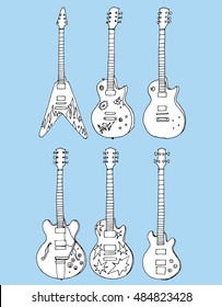 Collection of stylized guitar. Set of musical instruments. Electric guitar. Line art. Drawing by hand. Graphic arts. Doodle. Tattoo. Clipart.