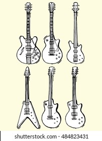 Collection Of Stylized Guitar. Set Of Musical Instruments. Electric Guitar. Line Art. Drawing By Hand. Graphic Arts. Doodle. Tattoo. Clipart.