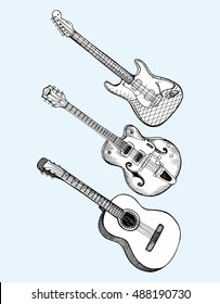 Collection of stylized guitar. Set of musical instruments. Electric guitar. Line art. Drawing by hand. Graphic arts. Doodle. Tattoo. Clipart.