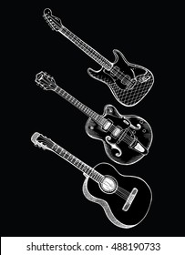 Collection of stylized guitar. Set of musical instruments. Electric guitar. Line art. Drawing by hand. Graphic arts. Doodle. Tattoo. Clipart.