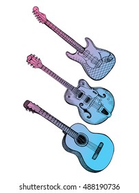 Collection of stylized guitar. Set of musical instruments. Electric guitar. Line art. Drawing by hand. Graphic arts. Doodle. Tattoo. Clipart.