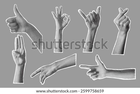 collection of stylized halftone hands making different gestures ,vector texture , pop art style, y2k elements design