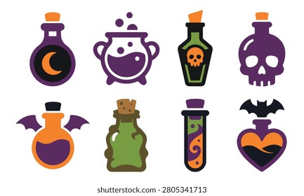 Collection of stylized Halloween icons featuring potion bottles, a bubbling cauldron, skull, bats, and magical symbols in a flat vector style.
