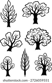 A collection of stylized hand drawn trees and plants in a grunge textured vector illustration style perfect for nature-themed graphic design projects