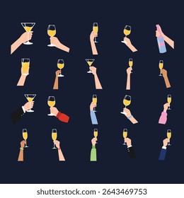 Collection of stylized hands holding different types of drinks, suitable for a celebratory or party theme. The image conveys a feeling of festivity and social interaction