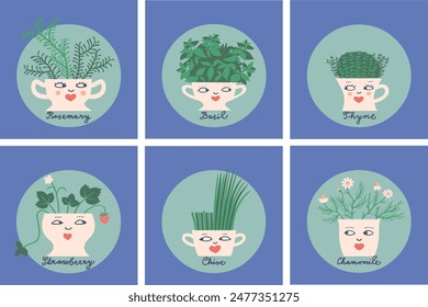 collection of stylized herbs in flowerpots with cute funny faces