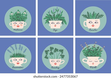 collection of stylized herbs in flowerpots with cute funny faces