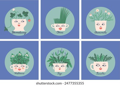 collection of stylized herbs in flowerpots with cute funny faces