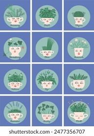 collection of stylized herbs in flowerpots with cute funny faces