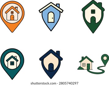 Collection of stylized house icons within map markers and a path connecting two residences ideal for property search and navigation applications.