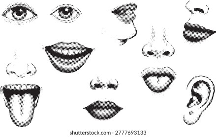 Collection of stylized human facial features and body parts in halftone dot pattern style. Isolated graphic elements.