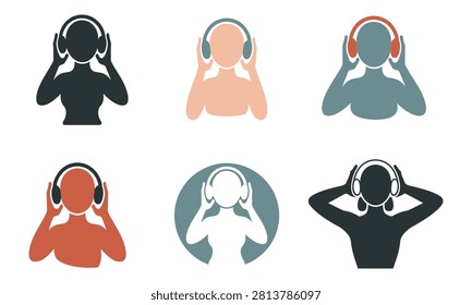 Collection of stylized human figures wearing overear headphones and listening to music