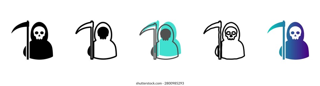 Collection of stylized icons depicting the Grim Reaper, a personification of death, holding a scythe in various artistic styles