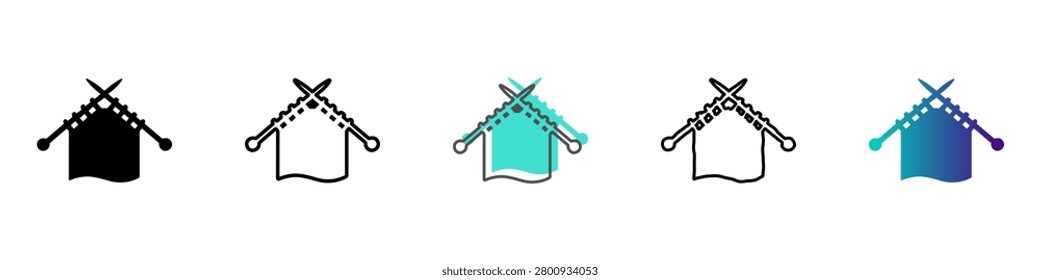A collection of stylized icons depicting knitting needles and yarn, symbolizing handmade crafts and creative pursuits