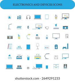 A collection of stylized icons depicting various electronics and devices, such as laptops, smartphones, headphones, cameras, and gaming controllers.