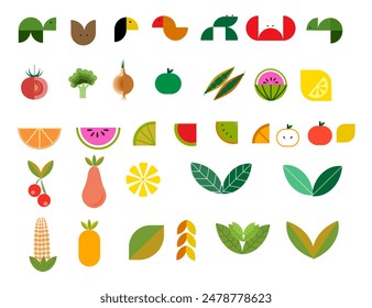 Collection of stylized icons of fruits, vegetables and animals. The icons are fun and colorful, with an emphasis on healthy eating. Vector illustration.