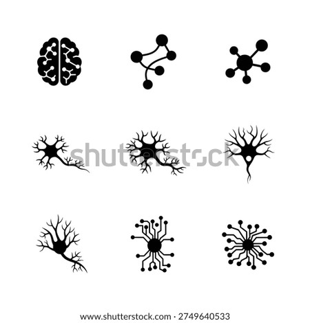 Collection of stylized icons representing brain and neuron structures, including a brain silhouette and various neuron models.