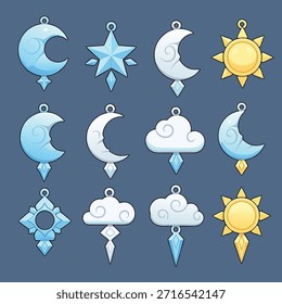 A collection of stylized icons representing celestial bodies and weather phenomena, including moons, suns, stars, and clouds.