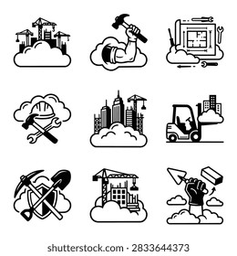 A collection of stylized icons representing construction industry elements like cranes, tools, buildings, and blueprints.