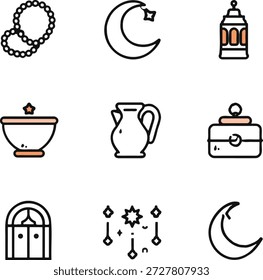 Collection of stylized icons representing Islamic cultural and religious symbols, including crescent moon, prayer beads, lantern, and traditional objects