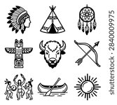 A collection of stylized icons representing Native American culture including a headdress, teepee, dreamcatcher, totem pole, buffalo, bow and arrow, dancers, canoe, and sun.