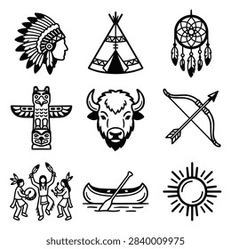 A collection of stylized icons representing Native American culture including a headdress, teepee, dreamcatcher, totem pole, buffalo, bow and arrow, dancers, canoe, and sun.