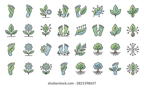 A collection of stylized icons representing nature and eco friendly concepts like leaves, trees, and footprints.