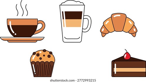 A collection of stylized icons representing popular breakfast and coffee break items, including a hot cup of coffee, layered latte, croissant, muffin, and slice of chocolate cake.