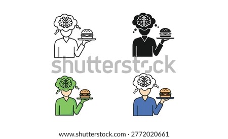 A collection of stylized icons representing someone contemplating food, specifically a hamburger, with a brain motif. Ideal for concepts related to diet, cravings, or decision-making.