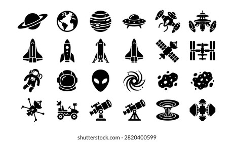 Collection of stylized icons representing space exploration and cosmic phenomena