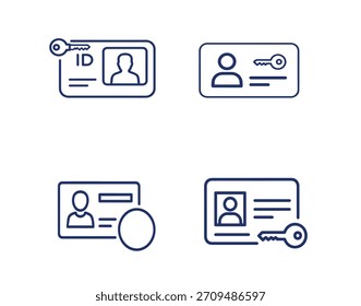 Colección de tarjetas de identificación estilizadas con íconos clave que representan el acceso y la Identificación