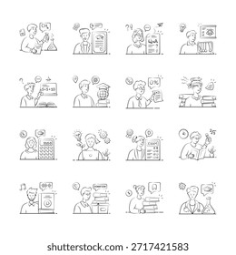 Uma coleção de ilustrações estilizadas que retratam os alunos ativamente envolvidos em diversas experiências de aprendizagem.