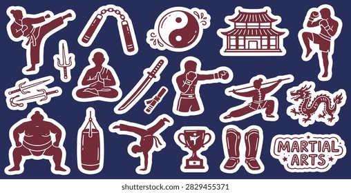 A collection of stylized illustrations representing various martial arts disciplines, including combatants, weapons, symbols, and training equipment.