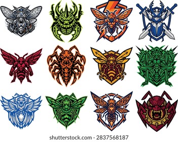Collection of stylized insect emblems including bees ants and beetles designed for gaming or sports team logos