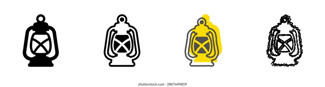 Collection of stylized kerosene lamps in various artistic interpretations, including solid black, outline, and colored versions