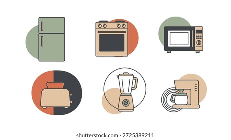 Uma coleção de ilustrações de aparelhos de cozinha estilizados são apresentadas contra fundos circulares contrastantes. Cada dispositivo, incluindo um refrigerador, forno, micro-ondas, torradeira, liquidificador e máquina de café, possui linhas limpas e uma simples paleta de cores. As composições sugerem possível uso em vários projetos de design ou materiais de marketing.