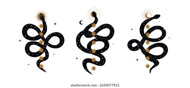 Collection of stylized Kundalini snakes. It is a symbol of spiritual awakening, vitality and inner peace. Elements of sacred geometry, mystical power.
