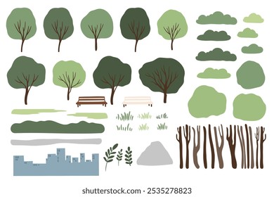 Colección de Elementos paisajísticos estilizados, que incluyen varias Formas de árboles, arbustos, nubes, colinas y una silueta de paisaje urbano. Perfecto para crear ilustraciones o escenas digitales.