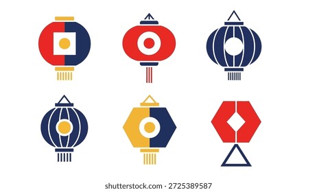 A collection of stylized lanterns, presented as vector illustrations. The designs feature geometric shapes in a palette of red, blue, and yellow with intricate details. These images could be suitable for various design applications, including graphic design, decorations, and editorial projects, providing a versatile visual element.